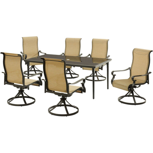 Hanover Outdoor Dining Set Hanover - Brigantine 7-Piece Dining Set with a 40" x 70" Glass-Top Dining Table and 6 Sling Swivel Rockers - BRIGDN7PCSWG-6