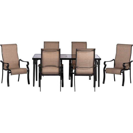 Hanover Outdoor Dining Set Hanover Brigantine 7 Piece Outdoor Dining Set with Glass-Top Table | 6 Sling Chairs | Tan/Cast Aluminum - BRIGDN7PC-GLS