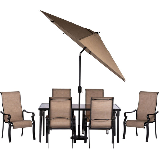 Hanover Outdoor Dining Set Hanover Brigantine 7 Piece Outdoor Dining Set with Glass-Top Table and 9 Ft. Umbrella | Tan/Cast Aluminum | BRIGDN7PC-GLS-SU