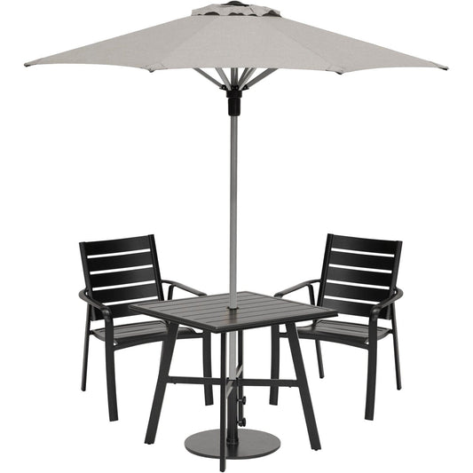 Hanover Outdoor Dining Set Hanover - Cortino 3piece Dining Set | 2 Slat Dining Chairs | 30" Square Slat Table | umbrella & Base | CORTDN3PCS-SU