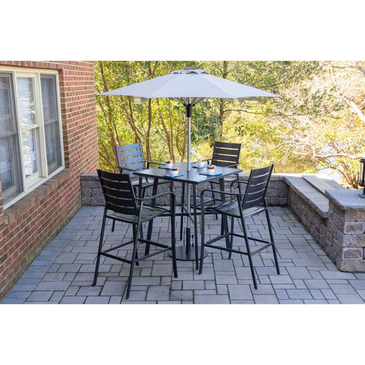Hanover Outdoor Dining Set Hanover - Cortino 5 piece Counter Height Dining | 4 Slat Chairs | 42" Slat Table, Umbrella & Base | CORTDN5PCSBR-SU