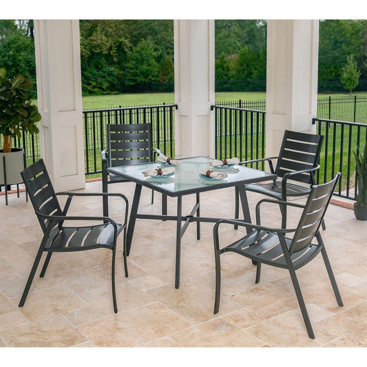 Hanover Outdoor Dining Set Hanover - Cortino 5 piece Dining Set | 4 Aluminum Slat Dining Chairs and 1-38" Square Glass Table | CORTDN5PCG
