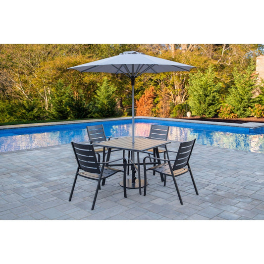 Hanover Outdoor Dining Set Hanover - Cortino 5 piece Dining Set | 4 Slat Dining Chairs | 30" Square Slat Table, Umbrella & Base | CORTDN5PCS-SU