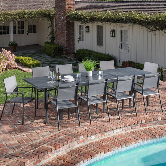 Hanover Outdoor Dining Set Hanover Dawson 11 Piece Dining Set with 10 Sling Chairs and an Expandable 40" x 118" Table | DAWDN11PC-GRY