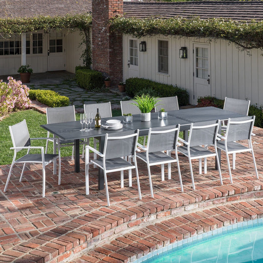 Hanover Outdoor Dining Set Hanover- Dawson 11Piece Dining Set with 10 Sling Chairs in Gray/White and an Expandable 40" x 118" Table | DAWDN11PC-WHT