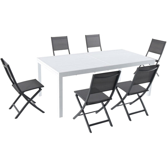 Hanover Outdoor Dining Set Hanover Del Mar 7 Piece Outdoor Dining Set with 6 Folding Sling Chairs in Gray and a White 40" x 118" Expandable Dining Table | DELDN7PCFD-WG