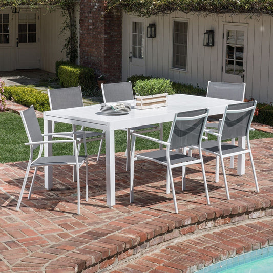 Hanover Outdoor Dining Set Hanover- Del Mar 7 Piece Outdoor Dining Set with 6 Sling Chairs in Gray/White and a 40" x 118" Expandable Dining Table | DELDN7PC-WW