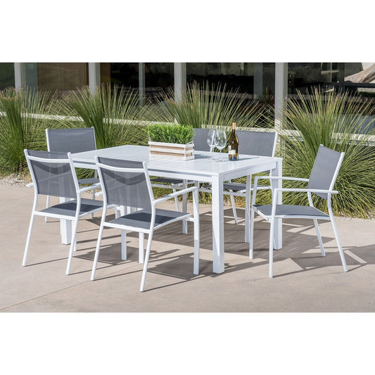 Hanover Outdoor Dining Set Hanover Del Mar 7 Piece Outdoor Dining Set with 6 Sling Chairs in Gray/White and a 63" x 35" Dining Table | DELDNS7PC-WW