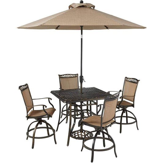 Hanover Outdoor Dining Set Hanover Fontana 5-Piece High-Dining Set with 4 Counter-Height Swivel Chairs, 42-in. x 42-in. Cast-Top Table, Umbrella and Base, FNTDN5PCPSQBR-SU