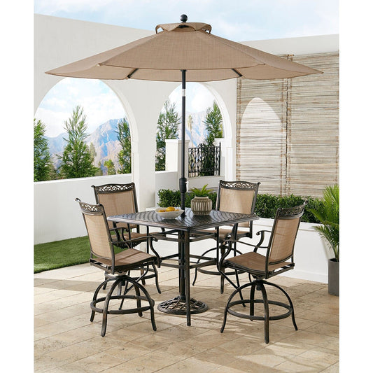 Hanover Outdoor Dining Set Hanover Fontana 5-Piece High-Dining Set with 4 Counter-Height Swivel Chairs, 42-in. x 42-in. Cast-Top Table, Umbrella and Base | FNTDN5PCPSQBR-SU