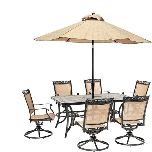 Hanover Outdoor Dining Set Hanover Fontana 7-Piece Dining Set with Six Swivel Rocking Chairs, a Tile-Top Dining Table, 9 Ft. Umbrella and Umbrella Stand | FNTDN7PCSWTN-SU