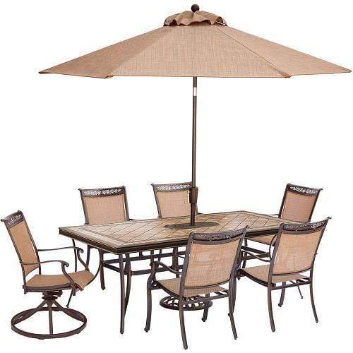 Hanover Outdoor Dining Set Hanover - Fontana 7-Piece Dining Set with Two Swivel Rockers, Four Dining Chairs, a Tile-Top Dining Table, 9 Ft. Umbrella and Stand - FNTDN7PCSWTN2-SU