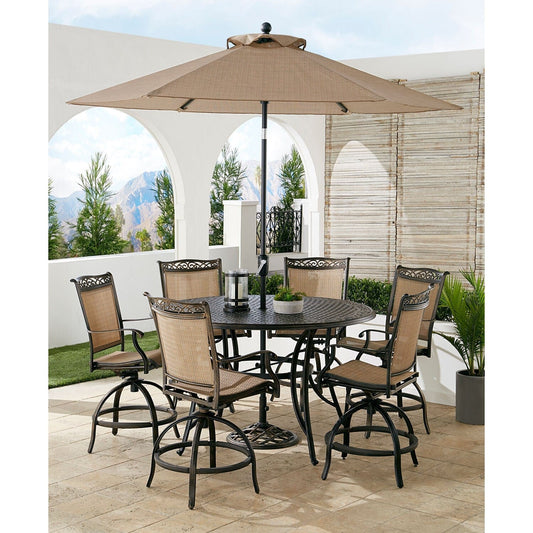 Hanover Outdoor Dining Set Hanover- Fontana 7 Piece High-Dining Set with 6 Counter-Height Swivel Chairs | 56-Inch Cast-Top Table | Umbrella and Umbrella Base | FNTDN7PCPBRC-SU