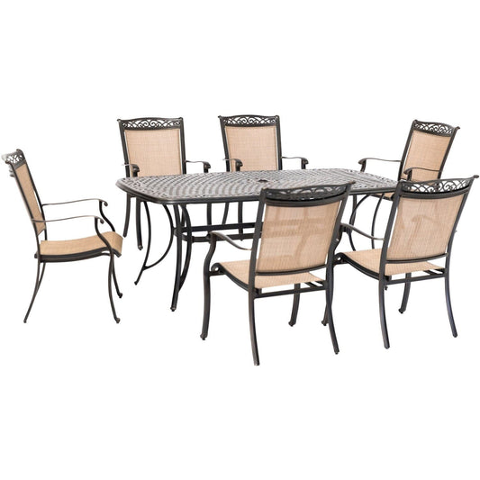 Hanover Outdoor Dining Set Hanover - Fontana 7 Piece Outdoor Dining Set with 6 Sling Chairs and a 38-In. x 72-In. Cast-Top Table | FNTDN7PCC