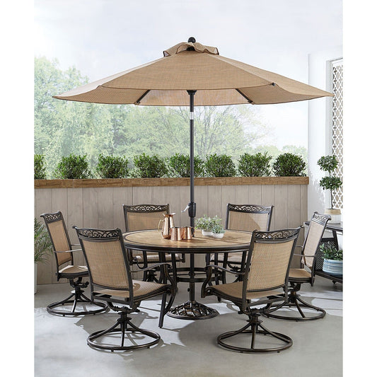 Hanover Outdoor Dining Set Hanover Fontana 7-Piece Outdoor Dining Set with 6 Sling Swivel Rockers, 60-in. Tile-Top Table, and 9-ft. Umbrella | FNTDN7PCSW6RDTN-SU