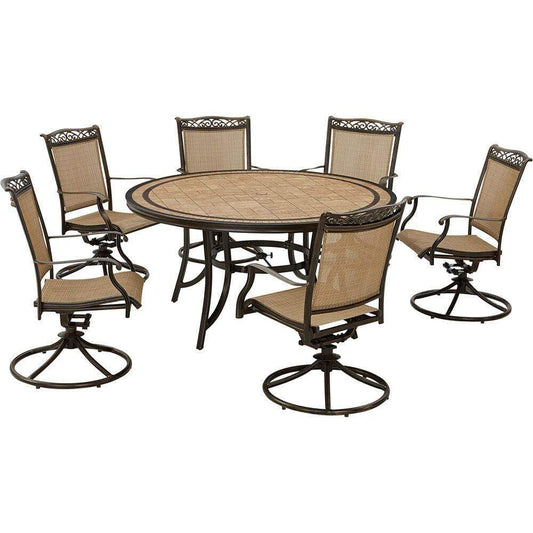 Hanover Outdoor Dining Set Hanover Fontana 7-Piece Outdoor Dining Set with 6 Sling Swivel Rockers and a 60-in. Tile-Top Table, FNTDN7PCSW6RDTN