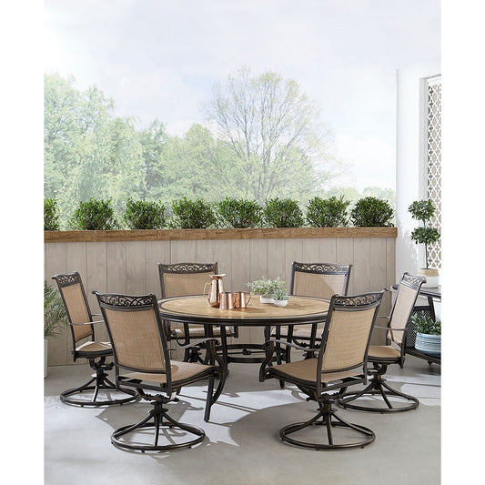 Hanover Outdoor Dining Set Hanover Fontana 7-Piece Outdoor Dining Set with 6 Sling Swivel Rockers and a 60-in. Tile-Top Table | FNTDN7PCSW6RDTN