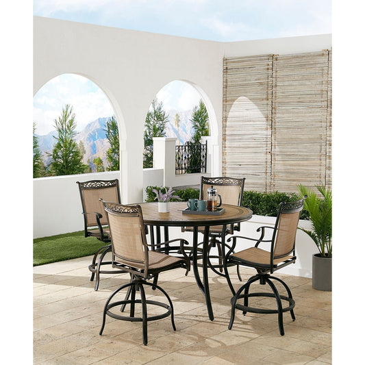 Hanover Outdoor Dining Set Hanover - Fontana5pc: 4 Counter Hght Swivel Sling Chrs, 56" Round Tile Tbl | FNTDN5PCPBRTN