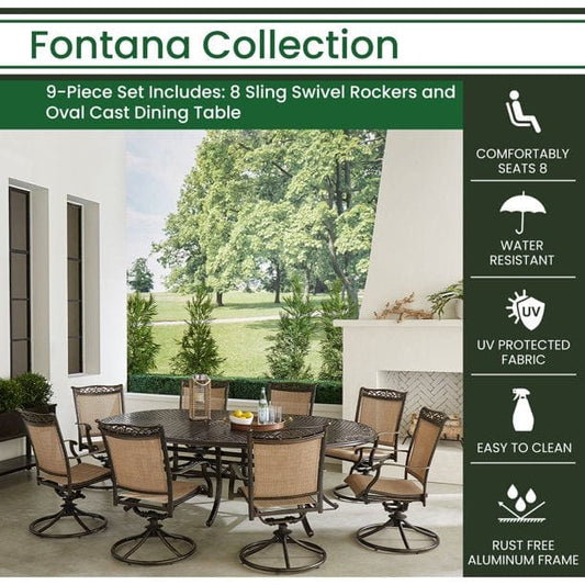 Hanover Outdoor Dining Set Hanover - Fontana9pc: 8 Sling Swivel Rockers, 96"x60" Oval Cast Table