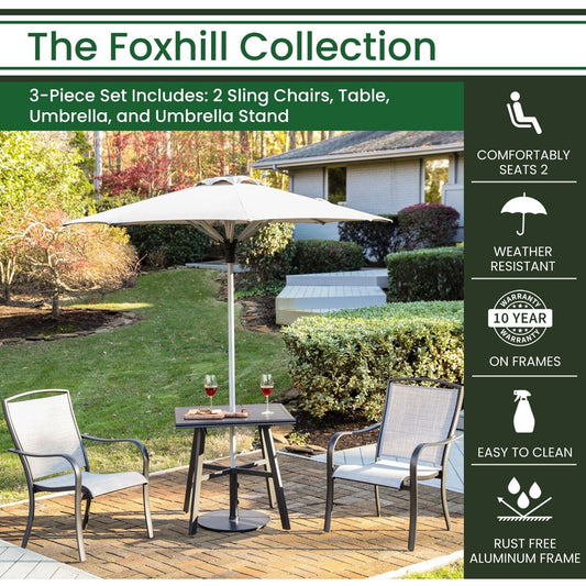 Hanover Outdoor Dining Set Hanover Foxhill 3-Piece Commercial-Grade Set with 2 Sling Dining Chairs, 30-in. Square Slat-Top Table, 7.5-ft. Umbrella and Base | FOXDN3PCS-G-SU