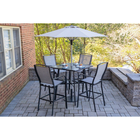 Hanover Outdoor Dining Set Hanover Foxhill 5-Piece Commercial-Grade Counter-Height Dining Set with 4 Sling Chairs and 42-in. Slat, 7.5-ft. Umbrella, and Stand | FOXDN5PCSBR-G-SU