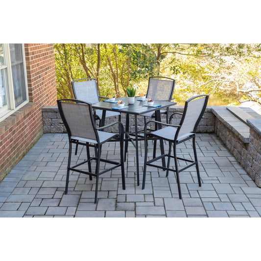 Hanover Outdoor Dining Set Hanover Foxhill 5-Piece Commercial-Grade Counter-Height Dining Set with 4 Sling Chairs and 42-in. Slat Table | FOXDN5PCSBR-GRY