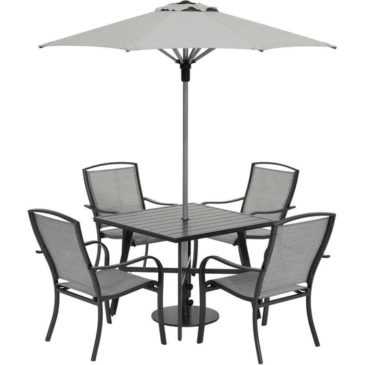 Hanover Outdoor Dining Set Hanover Foxhill 5-Piece Commercial-Grade Patio Dining Set with 4 Sling Dining Chairs, 38-in. Square Slat-Top Table, Umbrella and Base, FOXDN5PCS-G-SU