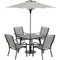 Hanover Outdoor Dining Set Hanover Foxhill 5-Piece Commercial-Grade Patio Dining Set with 4 Sling Dining Chairs, 38-in. Square Slat-Top Table, Umbrella and Base, FOXDN5PCS-G-SU
