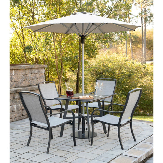 Hanover Outdoor Dining Set Hanover Foxhill 5-Piece Commercial-Grade Patio Dining Set with 4 Sling Dining Chairs, 38-in. Square Slat-Top Table, Umbrella and Base, FOXDN5PCS-G-SU
