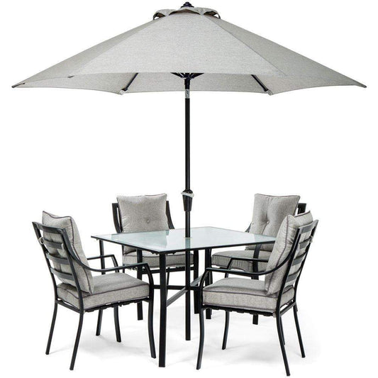 Hanover Outdoor Dining Set Hanover Lavallette 5-Piece Dining Set in Gray with Table Umbrella and Stand - LAVDN5PC-SLV-SU