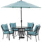 Hanover Outdoor Dining Set Hanover Lavallette 5-Piece Dining Set in Ocean Blue with 4 Stationary Chairs, 52-In. Round Glass-Top Table, Umbrella, and Base - LAVDN5PCRD-BLU-SU