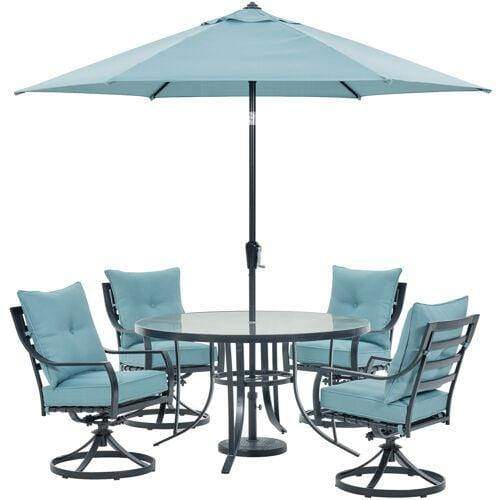 Hanover Outdoor Dining Set Hanover Lavallette 5-Piece Dining Set in Ocean Blue with 4 Swivel Rockers, 52-In. Round Glass-Top Table, Umbrella, and Base, LAVDN5PCSWRD-BLU-SU