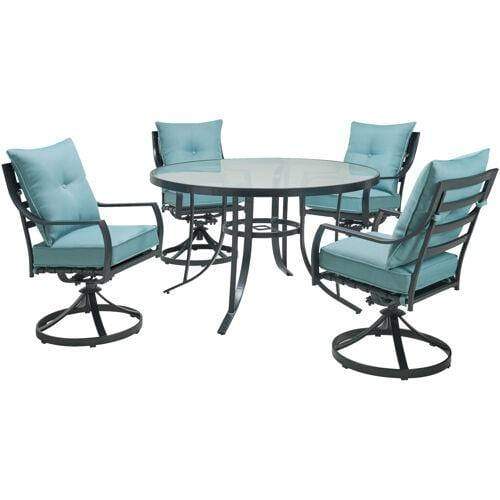 Hanover Outdoor Dining Set Hanover Lavallette 5-Piece Dining Set in Ocean Blue with 4 Swivel Rockers and a 52-In. Round Glass-Top Table, LAVDN5PCSWRD-BLU