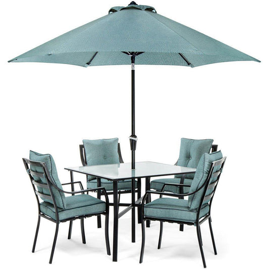 Hanover Outdoor Dining Set Hanover Lavallette 5-Piece Dining Set in Ocean Blue with Table Umbrella and Stand - LAVDN5PC-BLU-SU