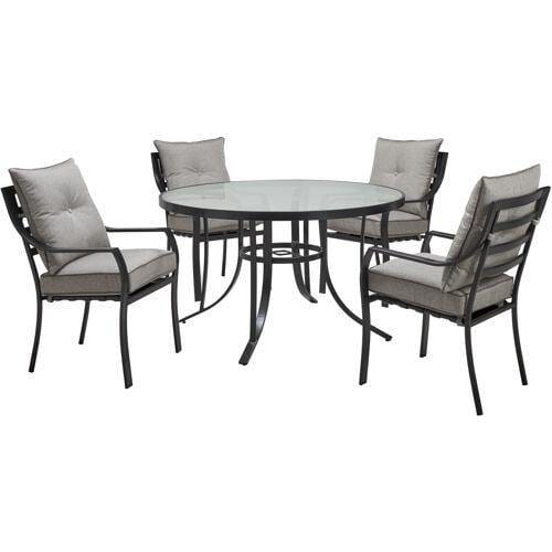 Hanover Outdoor Dining Set Hanover Lavallette 5-Piece Dining Set in Silver Linings with 4 Stationary Chairs and a 52-In. Round Glass-Top Table - LAVDN5PCRD-SLV