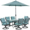Hanover Outdoor Dining Set Hanover Lavallette 7-Piece Dining Set in Ocean Blue with 6 Swivel Rockers, 66" x 38" Glass-Top Table, Umbrella, and Base - LAVDN7PCSW-BLU-SU