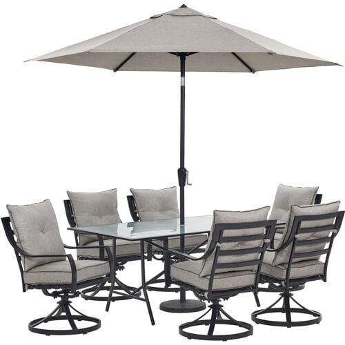 Hanover Outdoor Dining Set Hanover Lavallette 7-Piece Dining Set in Silver Linings with 6 Swivel Rockers, 66" x 38" Glass-Top Table, Umbrella, and Base - LAVDN7PCSW-SLV-SU