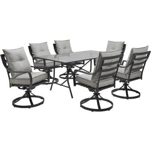 Hanover Outdoor Dining Set Hanover Lavallette 7-Piece Dining Set in Silver Linings with 6 Swivel Rockers and a 66" x 38" Glass-Top Table - LAVDN7PCSW-SLV