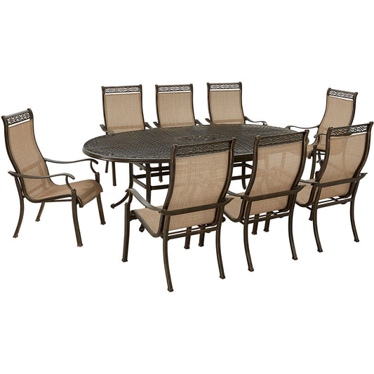 Hanover Outdoor Dining Set Hanover - Manor 9 Piece - 10 Sling Swivel Rockers, 96"x60" Oval Cast Table | MANDN9PCOVSW8