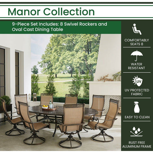 Hanover Outdoor Dining Set Hanover - Manor 9 Piece - 8 Sling Swivel Rockers, 96"x60" Oval Cast Table | MANDN9PCOVSW8