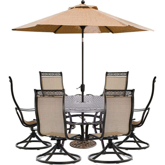 Hanover Outdoor Dining Set Hanover - Manor7pc: 6 Sling Swivel Rockers, 60" Round Cast Table, Umbrella, Base MANDN7PCSWRD6-SU