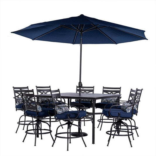 Hanover Outdoor Dining Set Hanover MCLRDN9PCBRSW8-SU-N Montclair 9-Piece High-Dining Set with 8 Counter-Height Swivel Rockers, Square Table and 11-Feet Umbrella