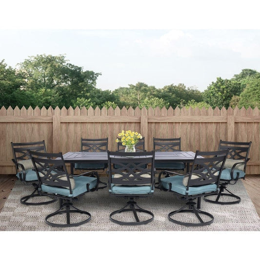 Hanover Outdoor Dining Set Hanover MCLRDN9PCSW8-BLU Montclair 9-Piece Dining Set with 8 Swivel Rockers and Table