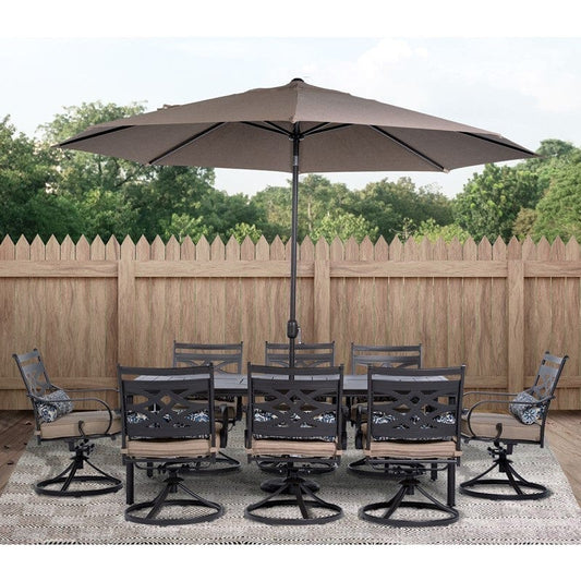 Hanover Outdoor Dining Set Hanover MCLRDN9PCSW8-SU-T Montclair 9-Piece Dining Set with 8 Swivel Rockers, 11-Feet Umbrella and Umbrella Stand - Tan and Brown