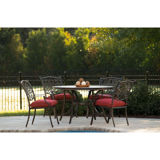 Hanover Outdoor Dining Set Hanover - Monaco 5-Piece Dining Set in Red with 4 Cushioned Dining Chairs and a 51 In. Tile-Top Table | MONDN5PC-RED