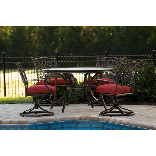 Hanover Outdoor Dining Set Hanover - Monaco 5-Piece Dining Set in Red with Four Swivel Rockers and a 51 In. Tile-Top Table | MONDN5PCSW-4-RED