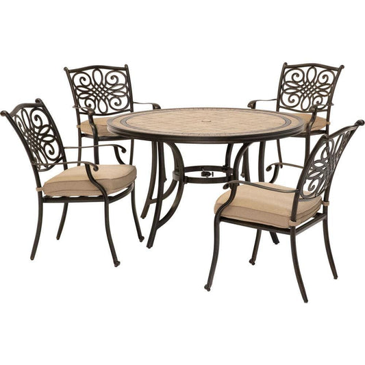 Hanover Outdoor Dining Set Hanover Monaco 5-Piece Dining Set in Tan with 4 Cushioned Dining Chairs and a 48 In. Tile-Top Table, MONDN5PC