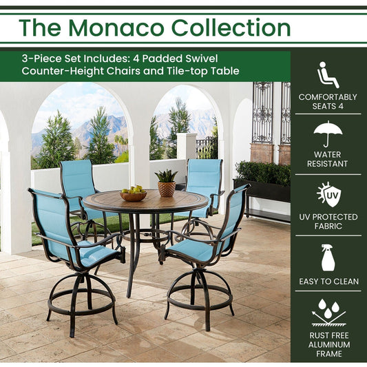 Hanover Outdoor Dining Set Hanover Monaco 5-Piece High-Dining Set in Blue with 4 Padded Counter-Height Swivel Chairs and a 56-In. Tile-Top Table | MONDN5PCPDBR-C-BLU
