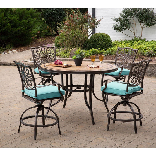 Hanover Outdoor Dining Set Hanover Monaco 5-Piece High-Dining Set in Blue with 4 Swivel Chairs and a 56 In. Tile-top Table | MONDN5PCBR-C-BLU