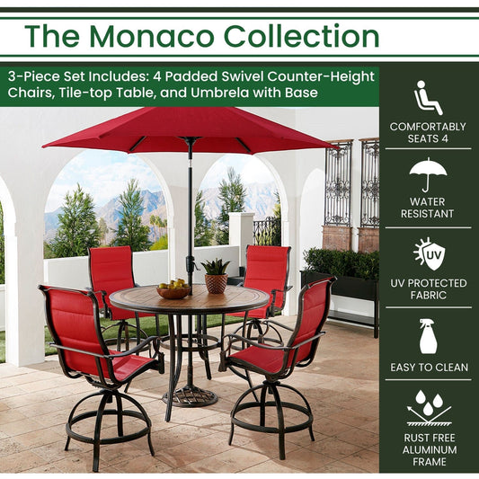 Hanover Outdoor Dining Set Hanover Monaco 5-Piece High-Dining Set in Red with 4 Padded Counter-Height Swivel Chairs, 56-In. Tile-Top Table and 9-Ft. Umbrella | MONDN5PCPDBRC-SU-R